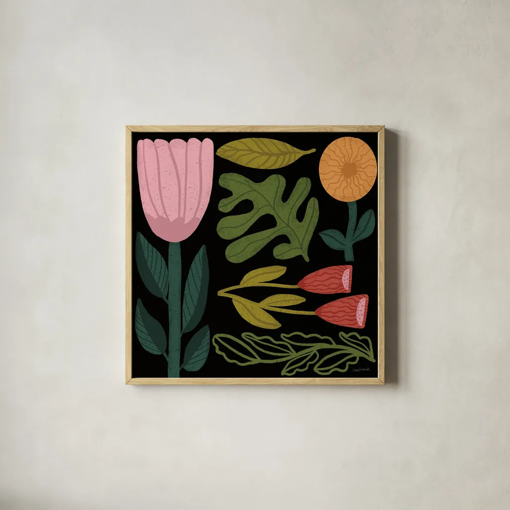 Flower Toss I by Cheryl Warrick. Shown in a natural wood glass frame for a timeless modern aesthetic. Available as an archival giclee rolled canvas, fine art paper, or poster print. SKU 90941a.