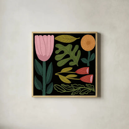 Flower Toss I by Cheryl Warrick. Shown in a natural wood glass frame for a timeless modern aesthetic. Available as an archival giclee rolled canvas, fine art paper, or poster print. SKU 90941a.