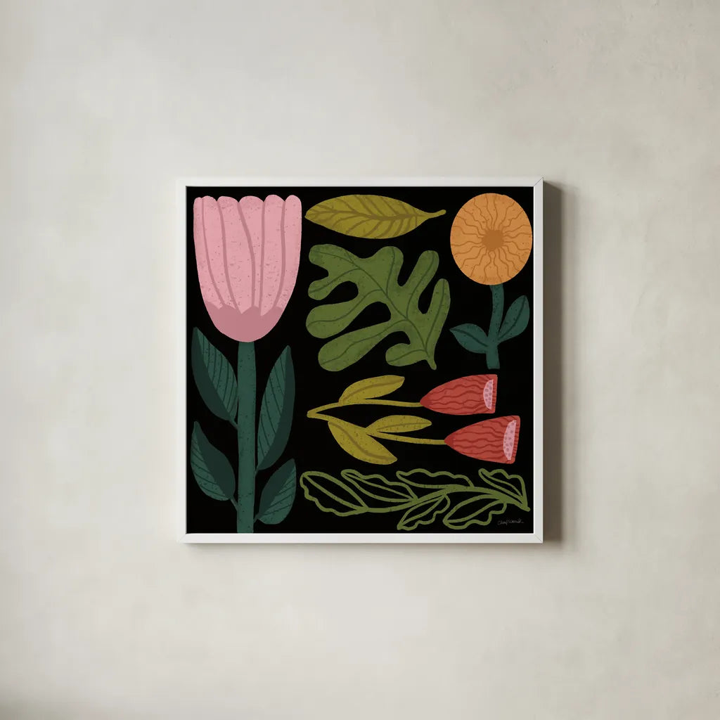 Flower Toss I by Cheryl Warrick. Shown in a crisp white glass frame for a clean and minimalist style. Available as an archival giclee rolled canvas, fine art paper, or poster print. SKU 90941a.