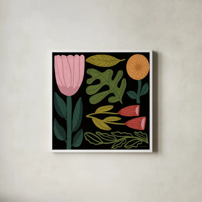 Flower Toss I by Cheryl Warrick. Shown in a crisp white glass frame for a clean and minimalist style. Available as an archival giclee rolled canvas, fine art paper, or poster print. SKU 90941a.