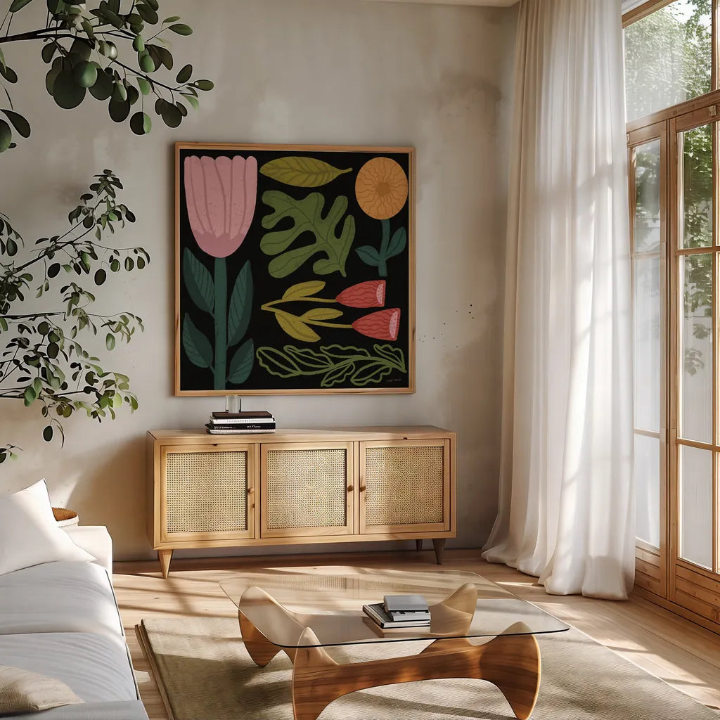 Flower Toss I by Cheryl Warrick. Shown in a natural wood frame in a cozy modern living room. Available as an archival giclee rolled canvas, fine art paper, or poster print. SKU 90941a.