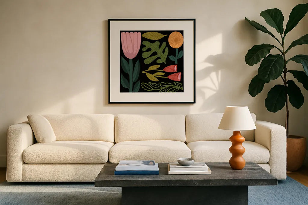 Flower Toss I by Cheryl Warrick. Displayed in a glass frame with matte in a clean modern living room. Available as an archival giclee rolled canvas, fine art paper, or poster print. SKU 90941a.