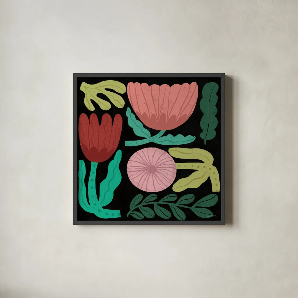 Flower Toss II by Cheryl Warrick. Shown in a sleek black glass frame for a contemporary gallery look. Available as an archival giclee rolled canvas, fine art paper, or poster print. SKU 90942a.