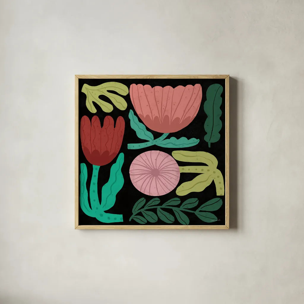 Flower Toss II by Cheryl Warrick. Shown in a natural wood glass frame for a timeless modern aesthetic. Available as an archival giclee rolled canvas, fine art paper, or poster print. SKU 90942a.