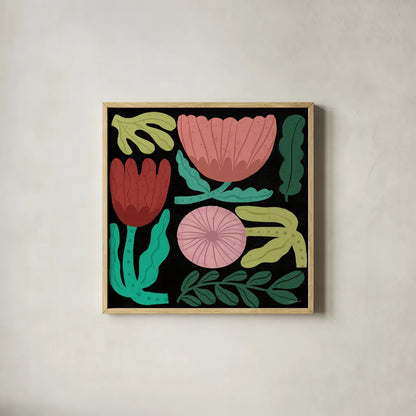 Flower Toss II by Cheryl Warrick. Shown in a natural wood glass frame for a timeless modern aesthetic. Available as an archival giclee rolled canvas, fine art paper, or poster print. SKU 90942a.