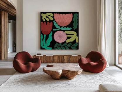 Flower Toss II by Cheryl Warrick. Shown as extra-large giant wall art in a modern living room. Available as an archival giclee rolled canvas, fine art paper, or poster print. SKU 90942a.