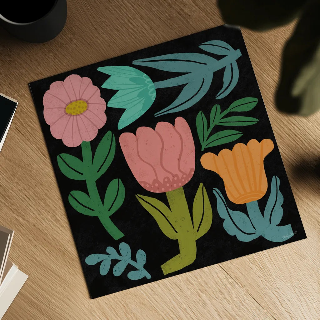 Flower Toss III by Cheryl Warrick. Shown as a detailed flat fine art print, highlighting archival giclee quality. Available as an archival giclee rolled canvas, fine art paper, or poster print. SKU 90943a.