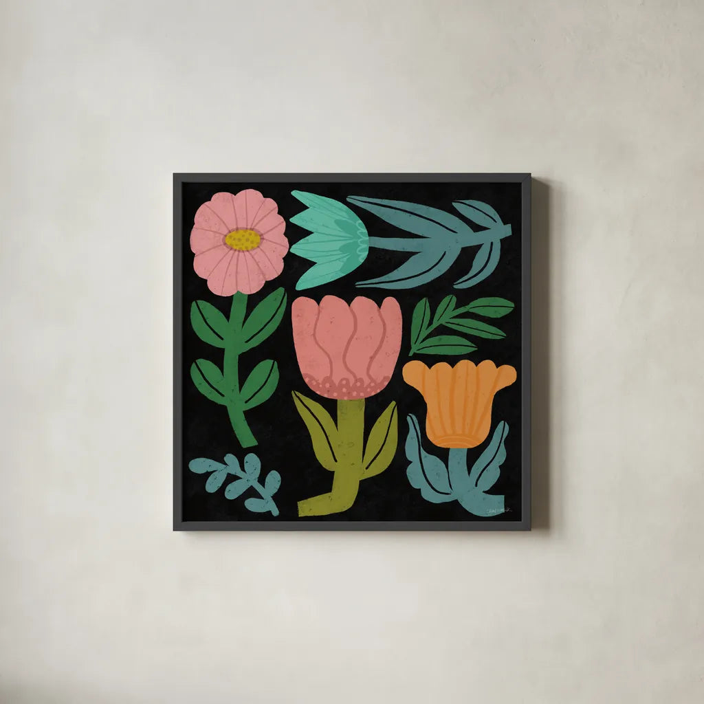 Flower Toss III by Cheryl Warrick. Shown in a sleek black glass frame for a contemporary gallery look. Available as an archival giclee rolled canvas, fine art paper, or poster print. SKU 90943a.