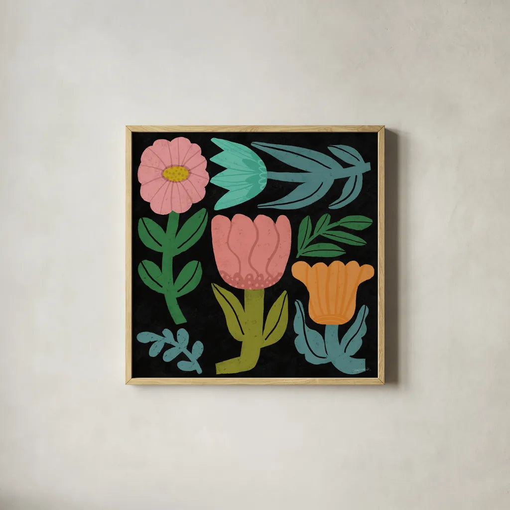 Flower Toss III by Cheryl Warrick. Shown in a natural wood glass frame for a timeless modern aesthetic. Available as an archival giclee rolled canvas, fine art paper, or poster print. SKU 90943a.