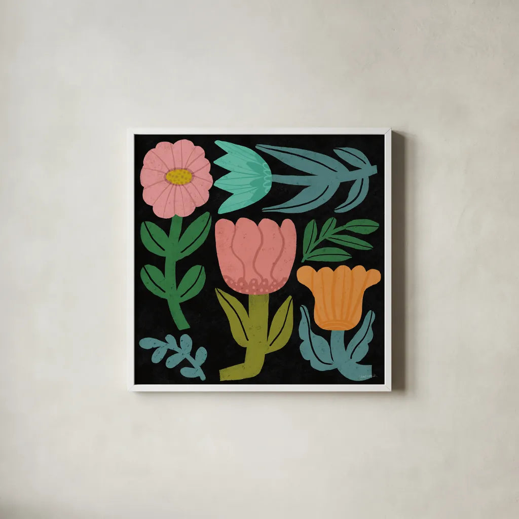 Flower Toss III by Cheryl Warrick. Shown in a crisp white glass frame for a clean and minimalist style. Available as an archival giclee rolled canvas, fine art paper, or poster print. SKU 90943a.