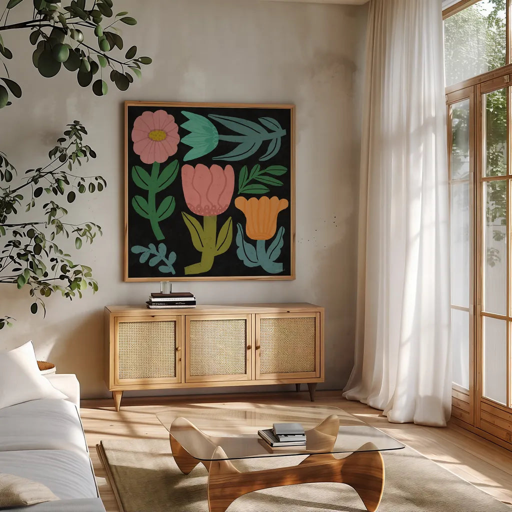 Flower Toss III by Cheryl Warrick. Shown in a natural wood frame in a cozy modern living room. Available as an archival giclee rolled canvas, fine art paper, or poster print. SKU 90943a.