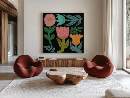 Flower Toss III by Cheryl Warrick. Shown as extra-large giant wall art in a modern living room. Available as an archival giclee rolled canvas, fine art paper, or poster print. SKU 90943a.