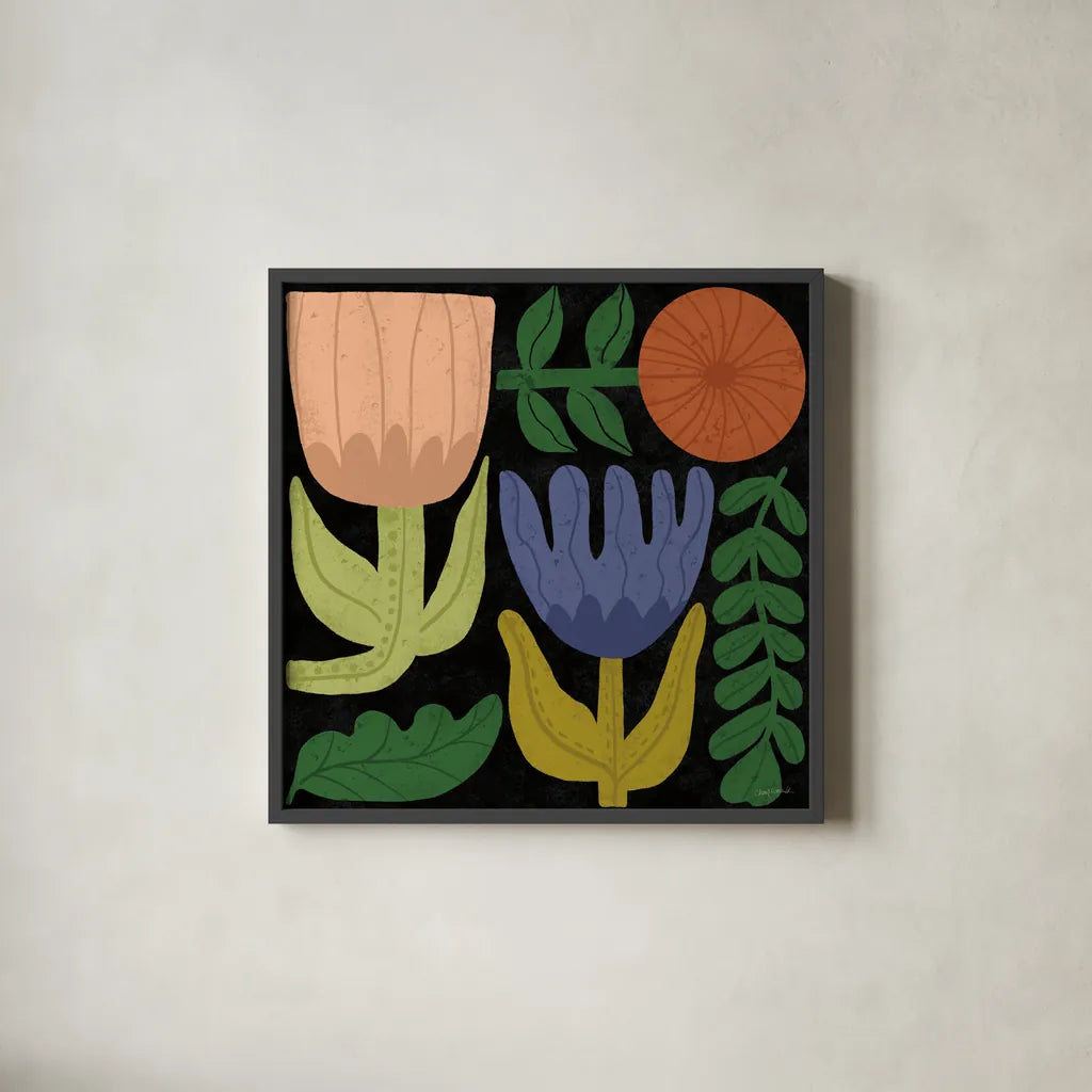 Flower Toss IV by Cheryl Warrick. Shown in a sleek black glass frame for a contemporary gallery look. Available as an archival giclee rolled canvas, fine art paper, or poster print. SKU 90944a.