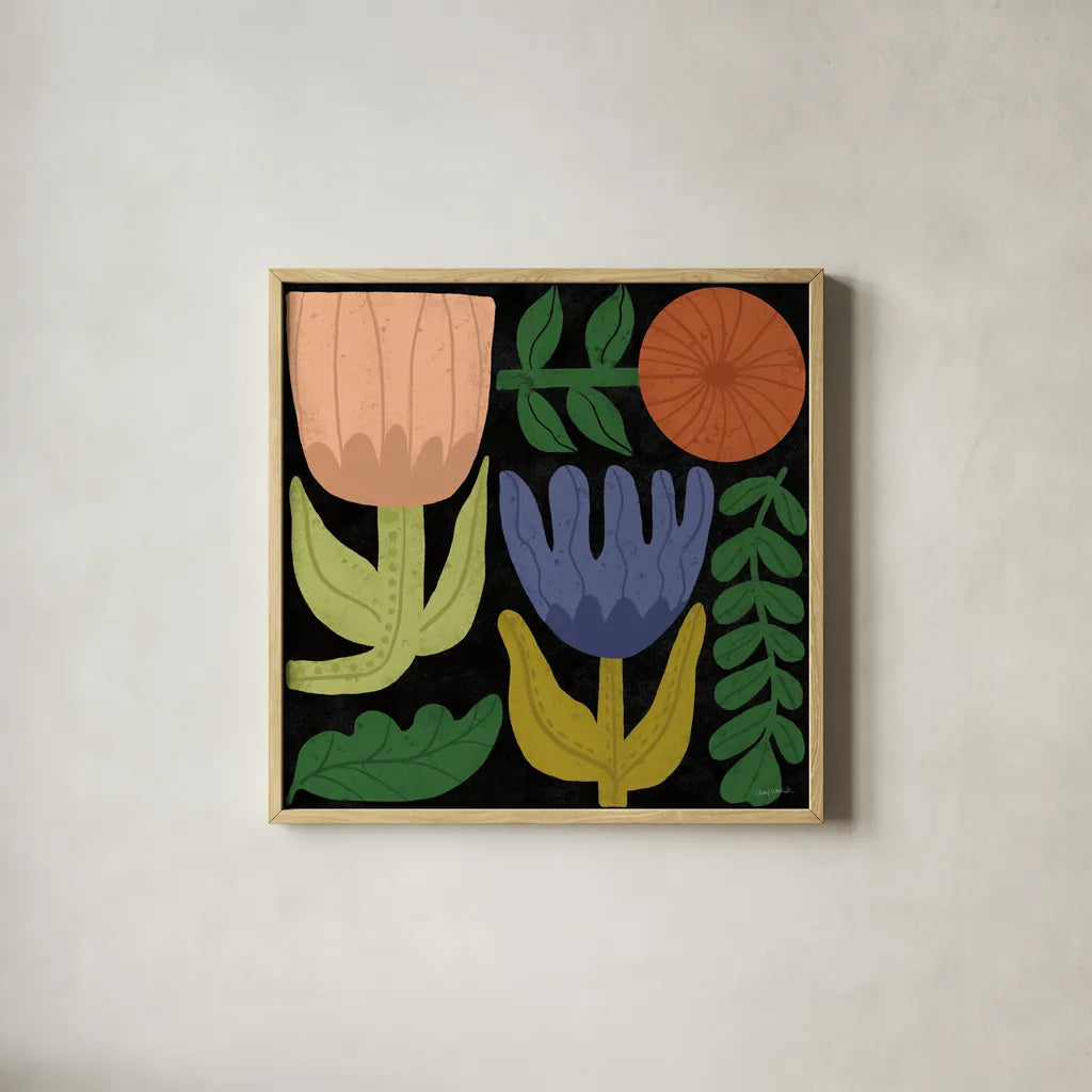 Flower Toss IV by Cheryl Warrick. Shown in a natural wood glass frame for a timeless modern aesthetic. Available as an archival giclee rolled canvas, fine art paper, or poster print. SKU 90944a.