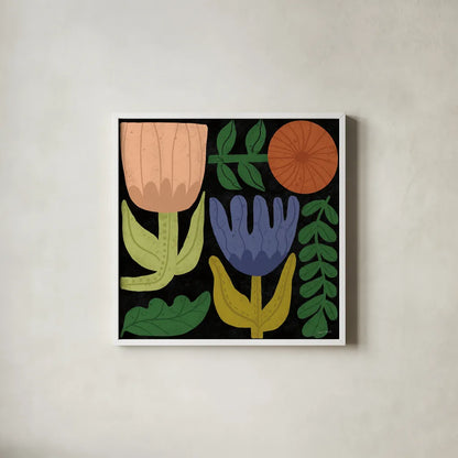 Flower Toss IV by Cheryl Warrick. Shown in a crisp white glass frame for a clean and minimalist style. Available as an archival giclee rolled canvas, fine art paper, or poster print. SKU 90944a.