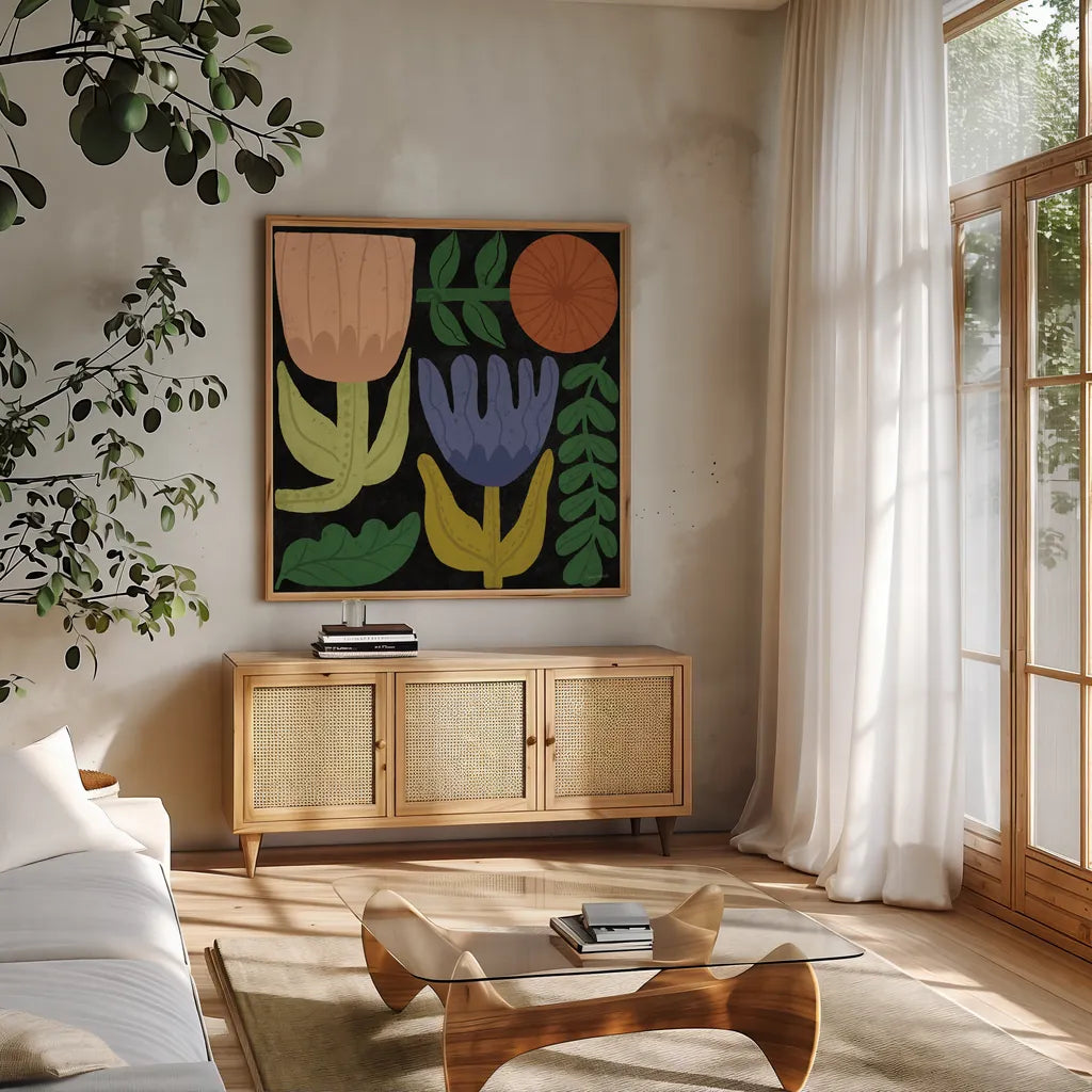 Flower Toss IV by Cheryl Warrick. Shown in a natural wood frame in a cozy modern living room. Available as an archival giclee rolled canvas, fine art paper, or poster print. SKU 90944a.