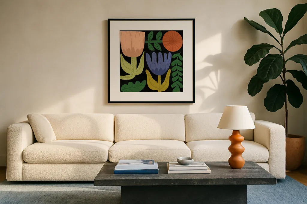 Flower Toss IV by Cheryl Warrick. Displayed in a glass frame with matte in a clean modern living room. Available as an archival giclee rolled canvas, fine art paper, or poster print. SKU 90944a.