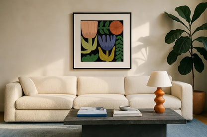 Flower Toss IV by Cheryl Warrick. Displayed in a glass frame with matte in a clean modern living room. Available as an archival giclee rolled canvas, fine art paper, or poster print. SKU 90944a.