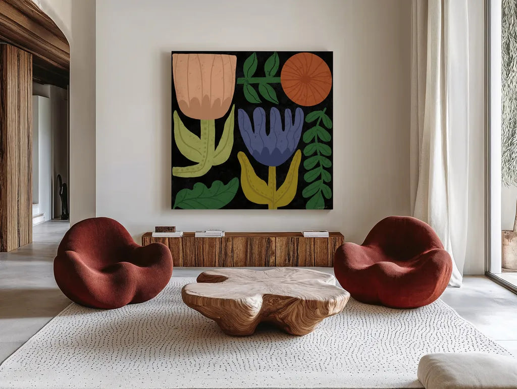 Flower Toss IV by Cheryl Warrick. Shown as extra-large giant wall art in a modern living room. Available as an archival giclee rolled canvas, fine art paper, or poster print. SKU 90944a.