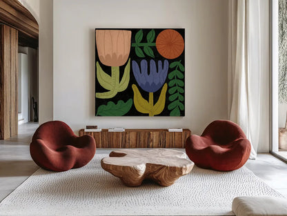 Flower Toss IV by Cheryl Warrick. Shown as extra-large giant wall art in a modern living room. Available as an archival giclee rolled canvas, fine art paper, or poster print. SKU 90944a.