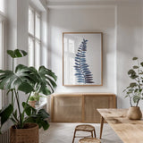 Forest Fern Trio I by Cheryl Warrick. shown as a print in a natural wood frame in a dining room. Available as a archival giclee rolled canvas, fine art paper, or poster print. SKU 86947h.