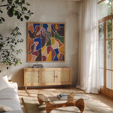 Fractured II by Cheryl Warrick. Shown in a natural wood frame in a cozy modern living room. Available as an archival giclee rolled canvas, fine art paper, or poster print. SKU 103272a.