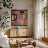Freeway I by Cheryl Warrick. Shown in a natural wood frame in a cozy modern living room. Available as an archival giclee rolled canvas, fine art paper, or poster print. SKU 86966a.