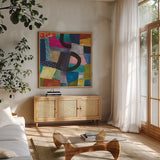 Freeway II by Cheryl Warrick. Shown in a natural wood frame in a cozy modern living room. Available as an archival giclee rolled canvas, fine art paper, or poster print. SKU 86967a.
