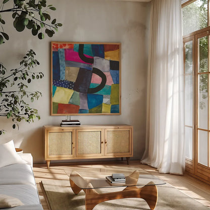 Freeway II by Cheryl Warrick. Shown in a natural wood frame in a cozy modern living room. Available as an archival giclee rolled canvas, fine art paper, or poster print. SKU 86967a.