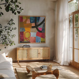 Freeway III by Cheryl Warrick. Shown in a natural wood frame in a cozy modern living room. Available as an archival giclee rolled canvas, fine art paper, or poster print. SKU 86968a.