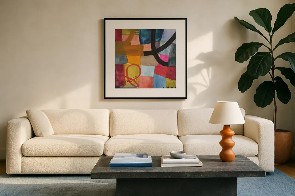 Freeway III by Cheryl Warrick. Displayed in a glass frame with matte in a clean modern living room. Available as an archival giclee rolled canvas, fine art paper, or poster print. SKU 86968a.