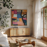 Freeway IV by Cheryl Warrick. Shown in a natural wood frame in a cozy modern living room. Available as an archival giclee rolled canvas, fine art paper, or poster print. SKU 86969a.
