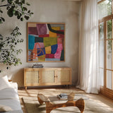 Freeway V by Cheryl Warrick. Shown in a natural wood frame in a cozy modern living room. Available as an archival giclee rolled canvas, fine art paper, or poster print. SKU 86970a.