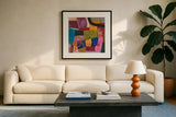 Freeway V by Cheryl Warrick. Displayed in a glass frame with matte in a clean modern living room. Available as an archival giclee rolled canvas, fine art paper, or poster print. SKU 86970a.