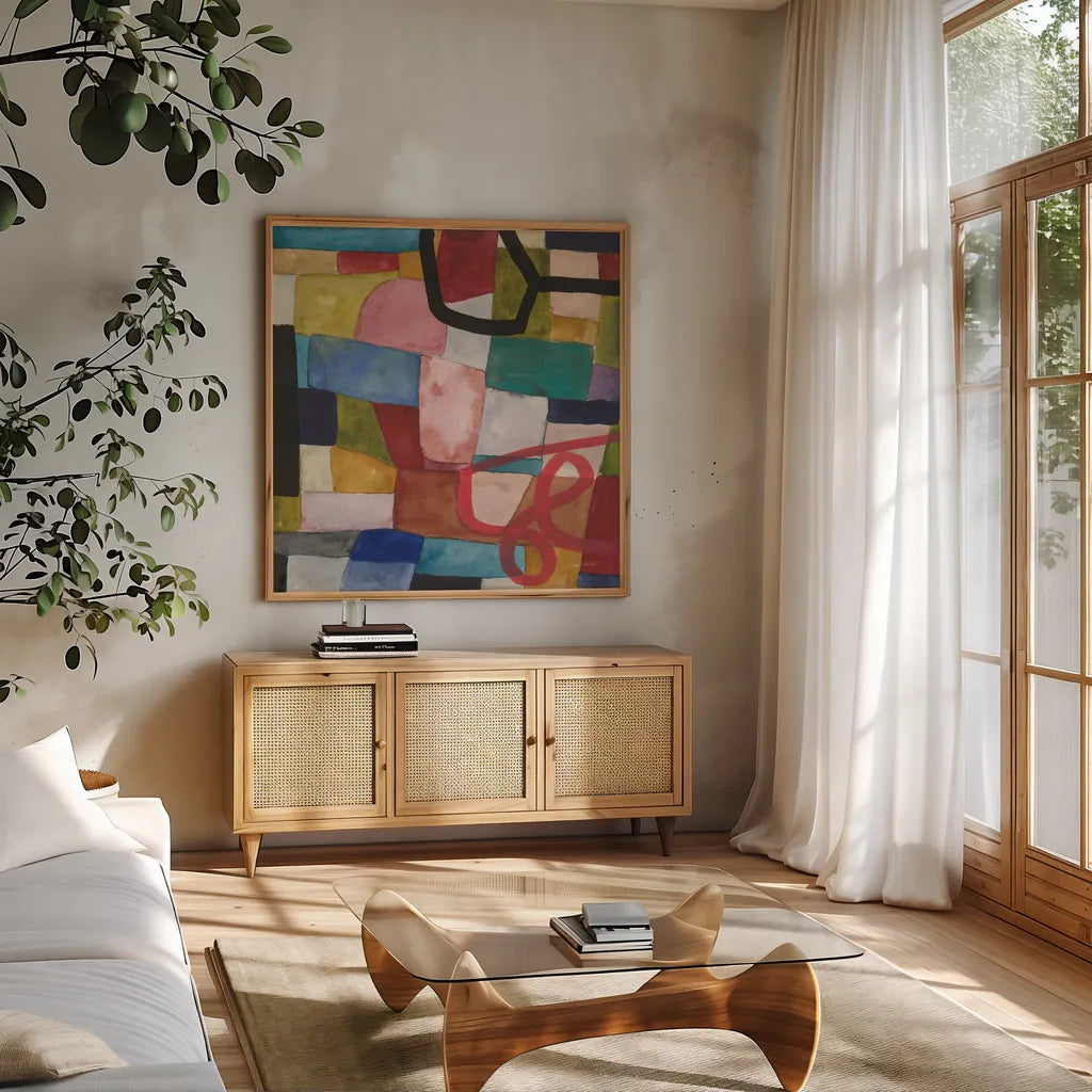 Freeway VI by Cheryl Warrick. Shown in a natural wood frame in a cozy modern living room. Available as an archival giclee rolled canvas, fine art paper, or poster print. SKU 86971a.