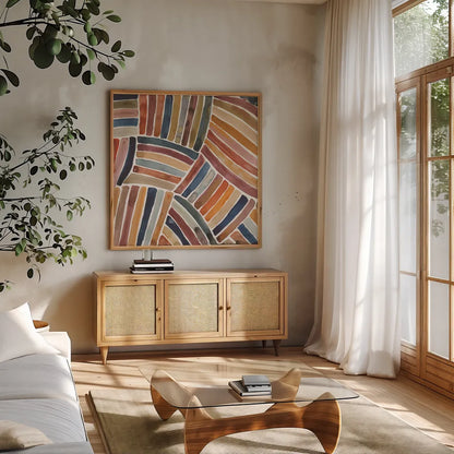 Furrow I by Cheryl Warrick. Shown in a natural wood frame in a cozy modern living room. Available as an archival giclee rolled canvas, fine art paper, or poster print. SKU 79899a.