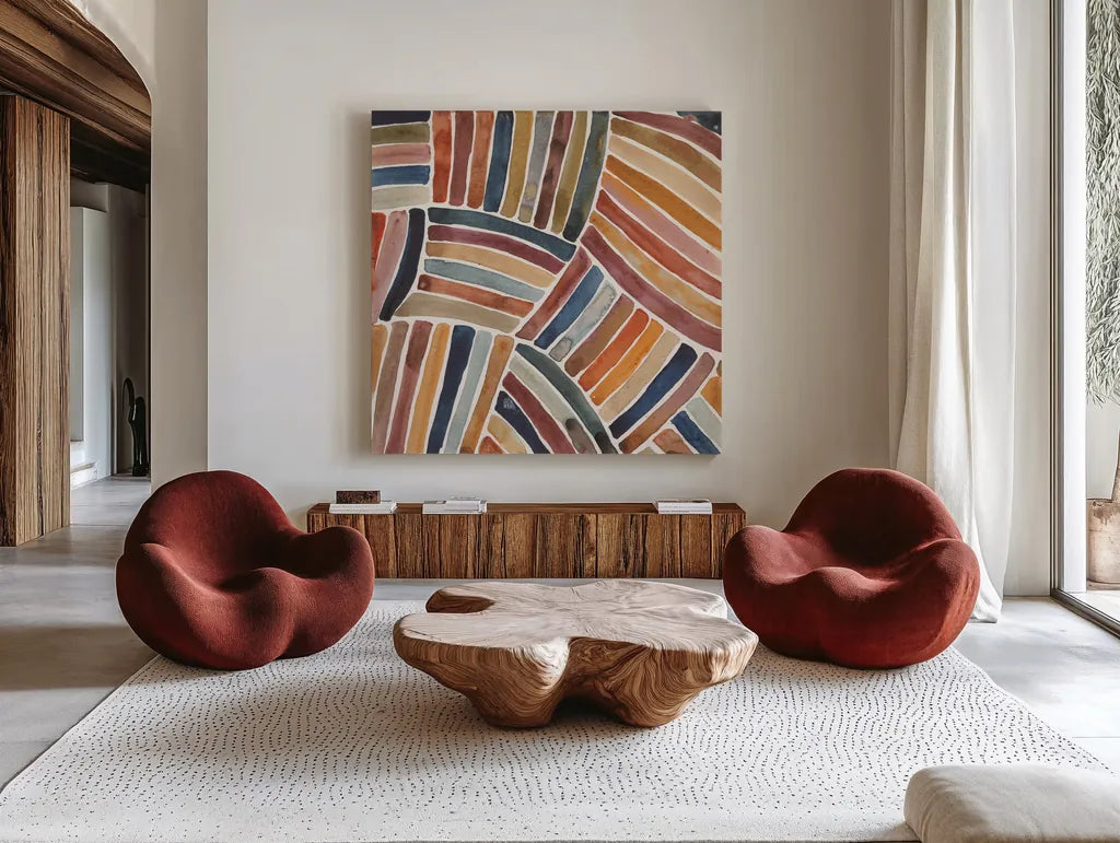 Furrow I by Cheryl Warrick. Shown as extra-large giant wall art in a modern living room. Available as an archival giclee rolled canvas, fine art paper, or poster print. SKU 79899a.