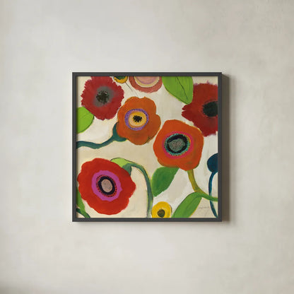 Garden Memory I by Cheryl Warrick. Shown in a sleek black glass frame for a contemporary gallery look. Available as an archival giclee rolled canvas, fine art paper, or poster print. SKU 16568a.
