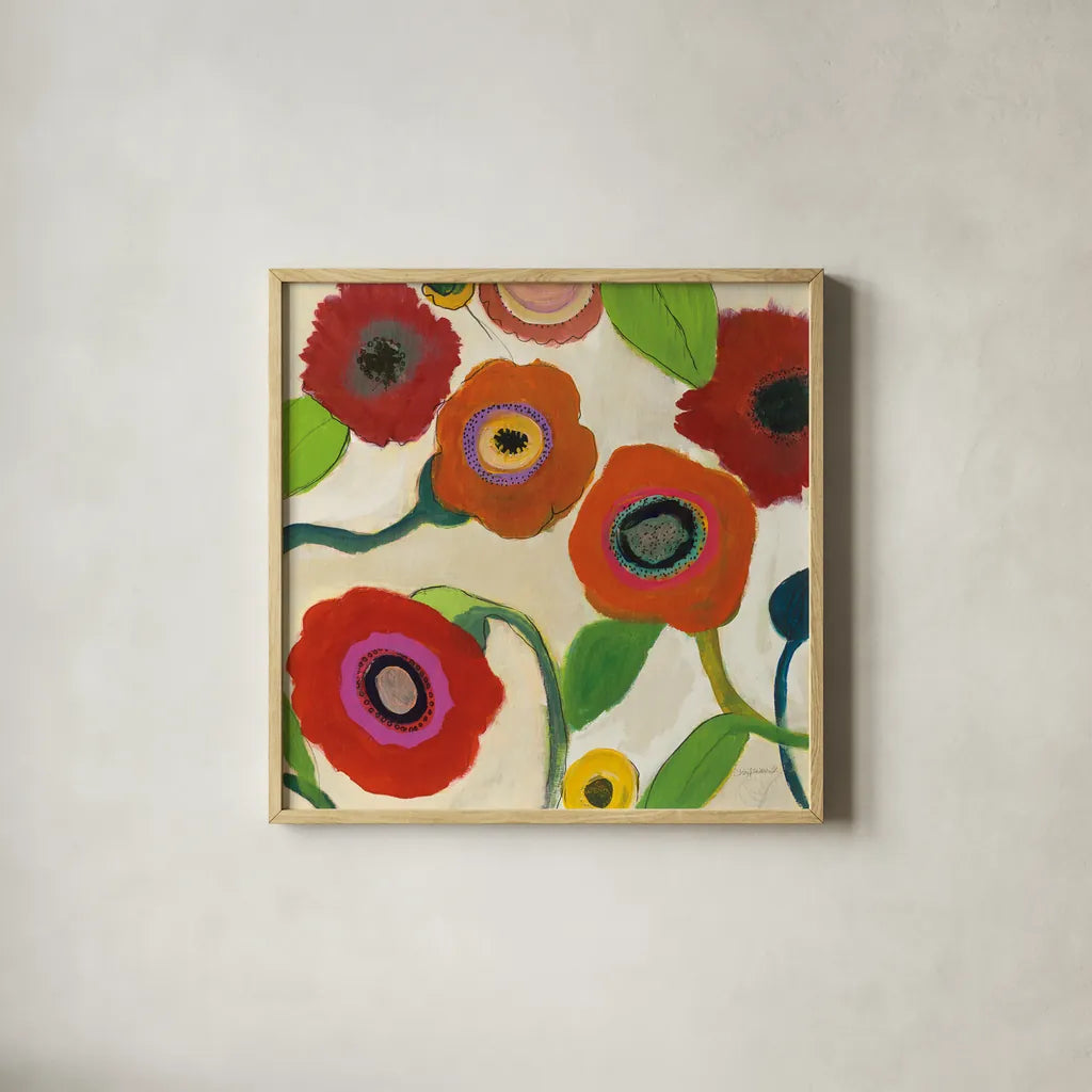 Garden Memory I by Cheryl Warrick. Shown in a natural wood glass frame for a timeless modern aesthetic. Available as an archival giclee rolled canvas, fine art paper, or poster print. SKU 16568a.