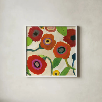 Garden Memory I by Cheryl Warrick. Shown in a crisp white glass frame for a clean and minimalist style. Available as an archival giclee rolled canvas, fine art paper, or poster print. SKU 16568a.