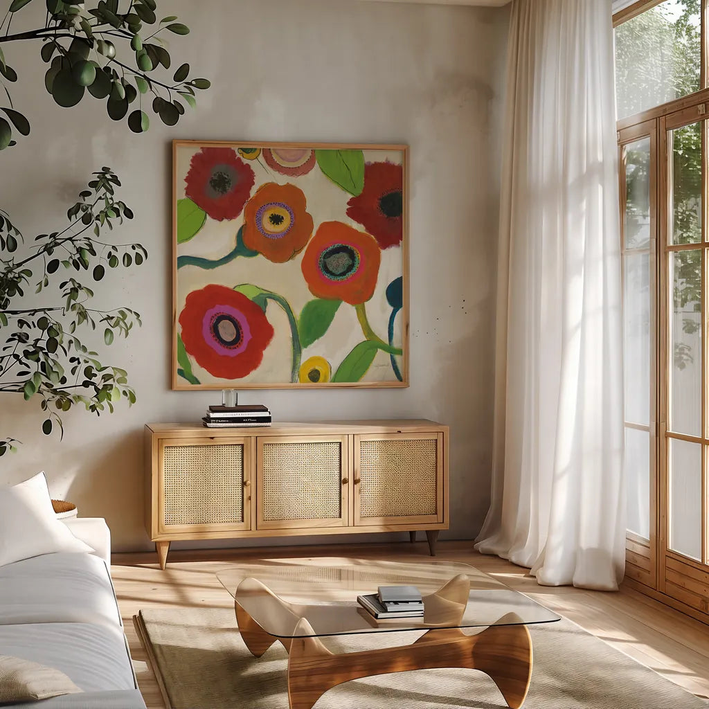 Garden Memory I by Cheryl Warrick. Shown in a natural wood frame in a cozy modern living room. Available as an archival giclee rolled canvas, fine art paper, or poster print. SKU 16568a.