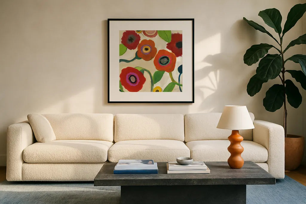 Garden Memory I by Cheryl Warrick. Displayed in a glass frame with matte in a clean modern living room. Available as an archival giclee rolled canvas, fine art paper, or poster print. SKU 16568a.