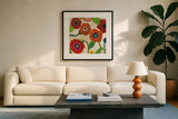 Garden Memory I by Cheryl Warrick. Displayed in a glass frame with matte in a clean modern living room. Available as an archival giclee rolled canvas, fine art paper, or poster print. SKU 16568a.