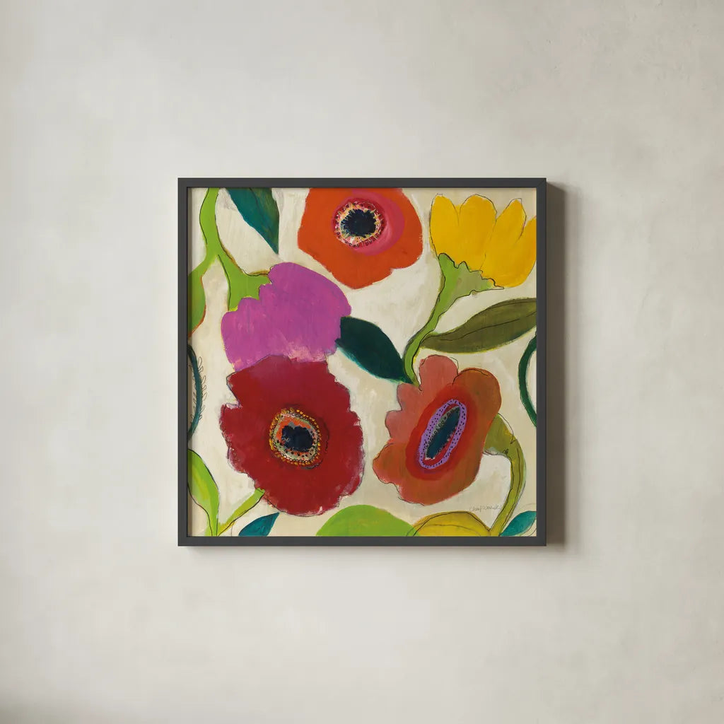 Garden Memory II by Cheryl Warrick. Shown in a sleek black glass frame for a contemporary gallery look. Available as an archival giclee rolled canvas, fine art paper, or poster print. SKU 16569a.