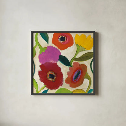 Garden Memory II by Cheryl Warrick. Shown in a sleek black glass frame for a contemporary gallery look. Available as an archival giclee rolled canvas, fine art paper, or poster print. SKU 16569a.