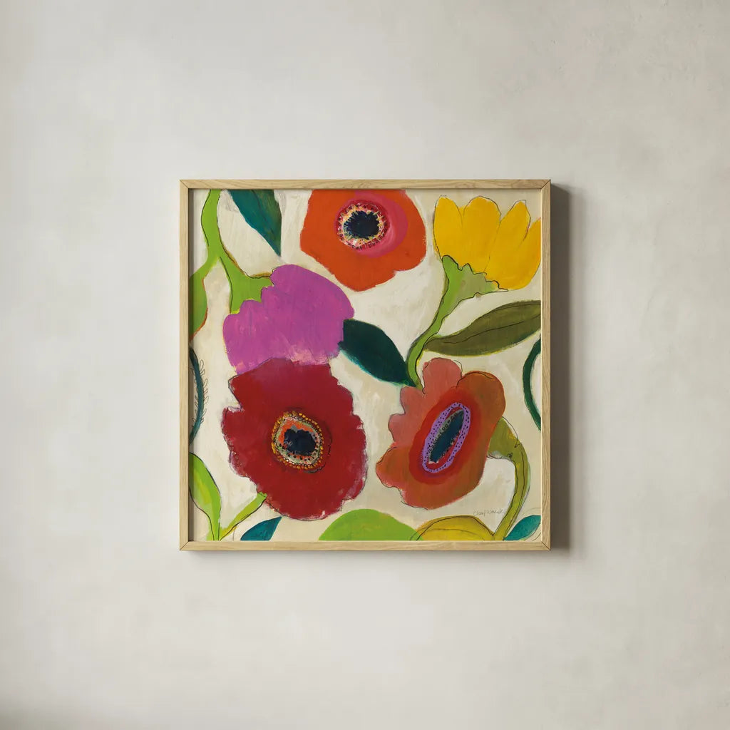 Garden Memory II by Cheryl Warrick. Shown in a natural wood glass frame for a timeless modern aesthetic. Available as an archival giclee rolled canvas, fine art paper, or poster print. SKU 16569a.