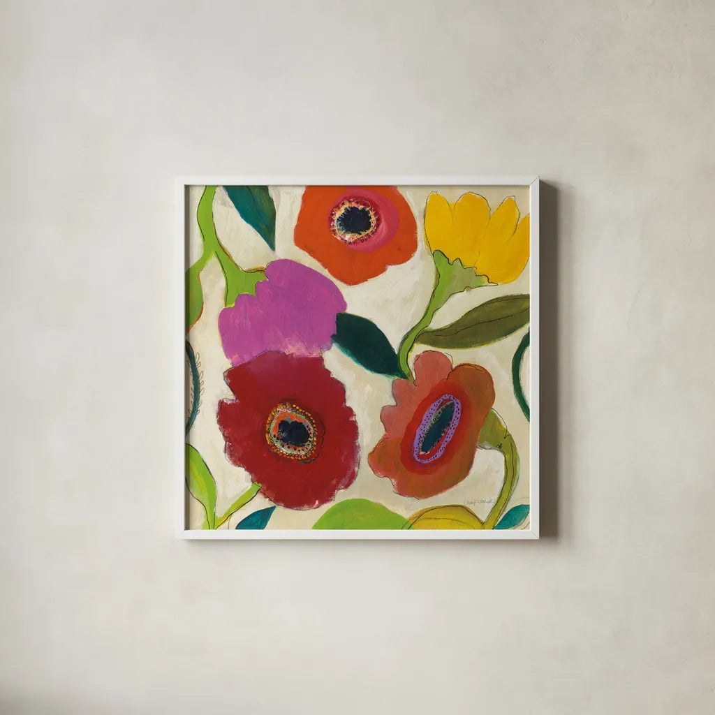 Garden Memory II by Cheryl Warrick. Shown in a crisp white glass frame for a clean and minimalist style. Available as an archival giclee rolled canvas, fine art paper, or poster print. SKU 16569a.