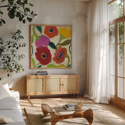 Garden Memory II by Cheryl Warrick. Shown in a natural wood frame in a cozy modern living room. Available as an archival giclee rolled canvas, fine art paper, or poster print. SKU 16569a.