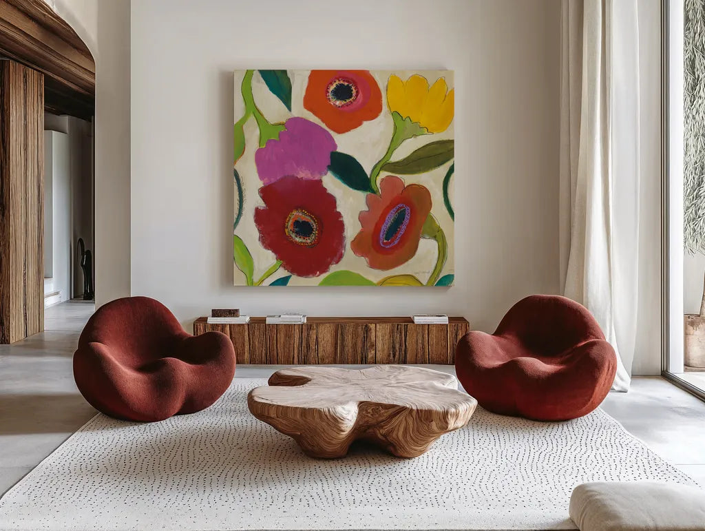Garden Memory II by Cheryl Warrick. Shown as extra-large giant wall art in a modern living room. Available as an archival giclee rolled canvas, fine art paper, or poster print. SKU 16569a.