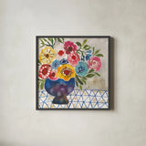 Geo Blooms by Cheryl Warrick. Shown in a sleek black glass frame for a contemporary gallery look. Available as an archival giclee rolled canvas, fine art paper, or poster print. SKU 103250a.